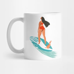 BEACH SURFING WOMEN WITH DOG Mug